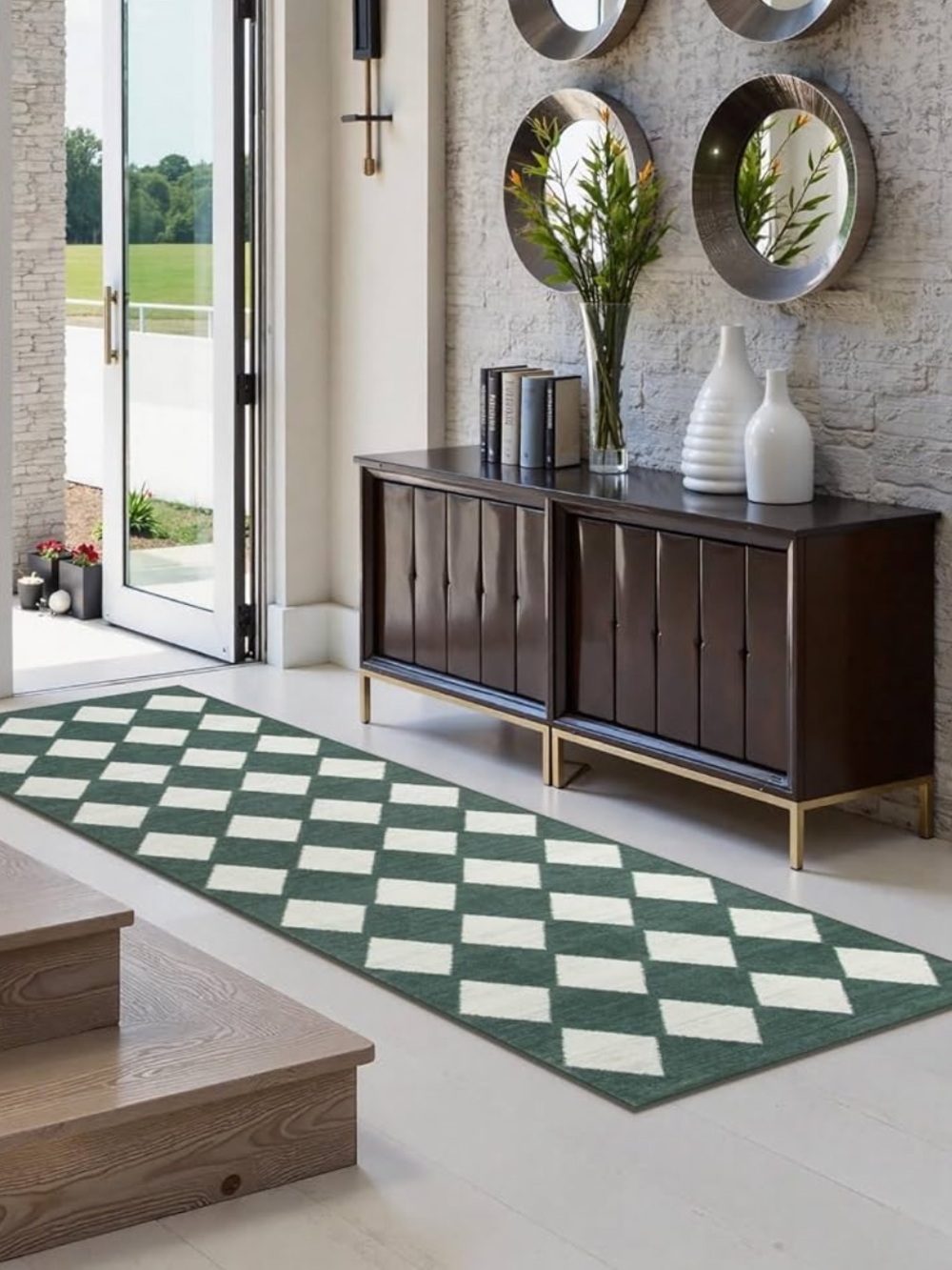 🆕 Dark Green & Ivory Rug Runner 2’ x 8’ Check Checker MACHINE WASHABLE NEW